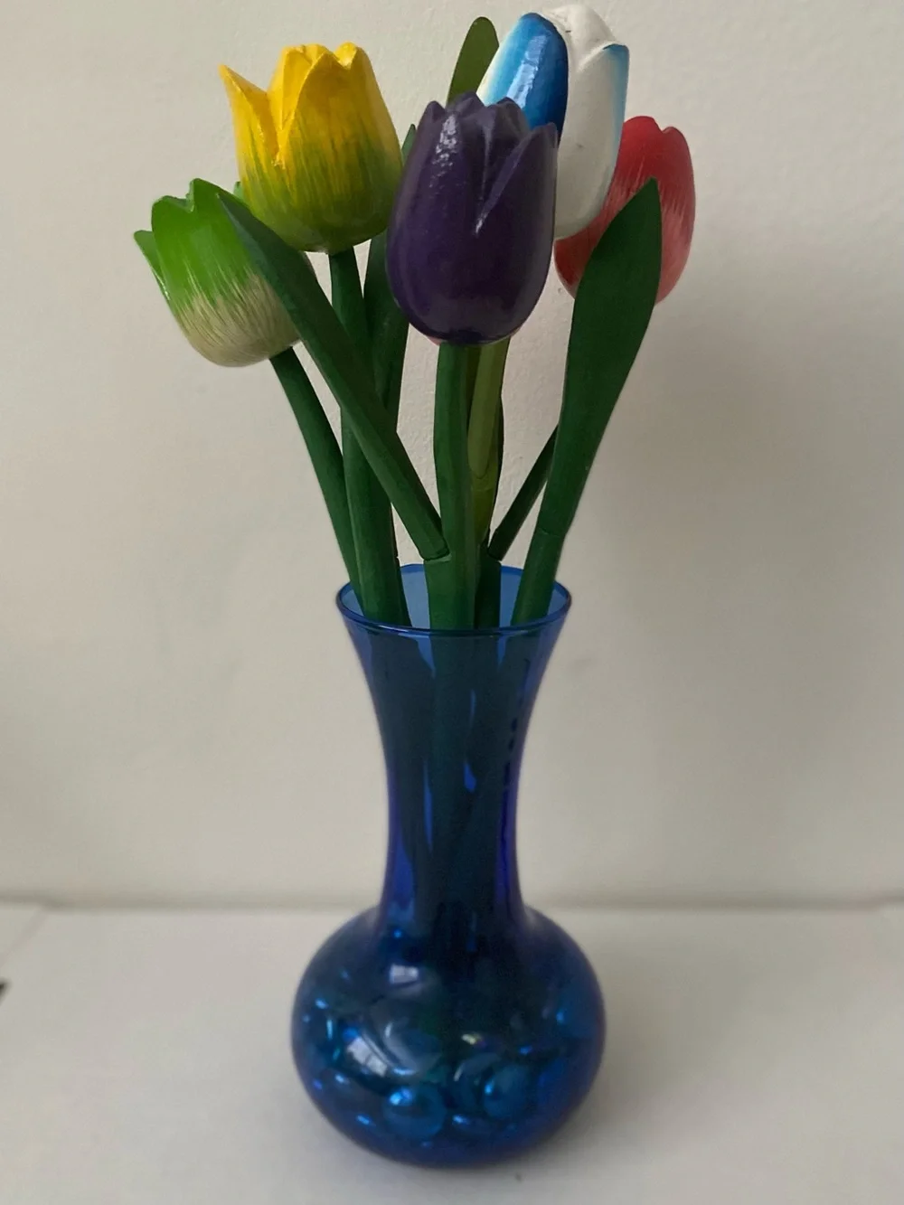 Handcrafted Multicolor Wooden Tulip Bouquet in Blue Glass Vase - Unbranded